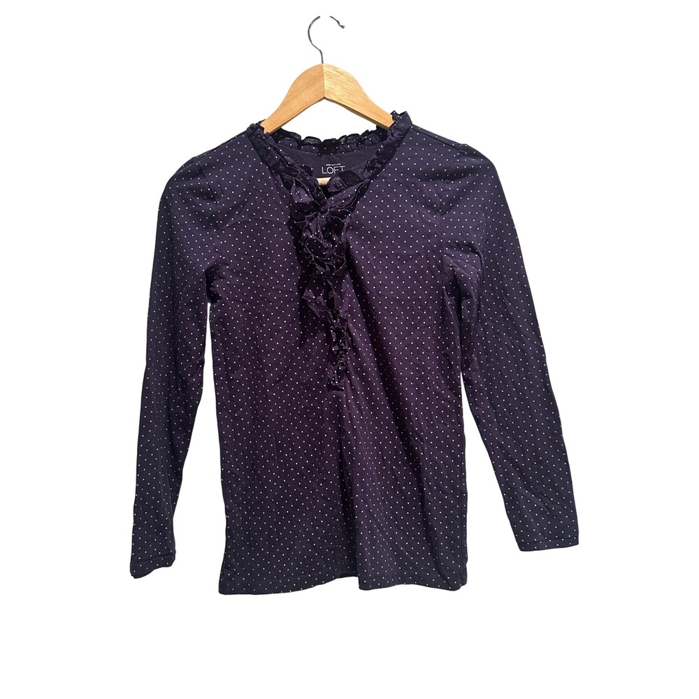 Ann Taylor Loft Navy Polka Dot Ruffle Top Small Cottagecore Preppy Shirt Cotton